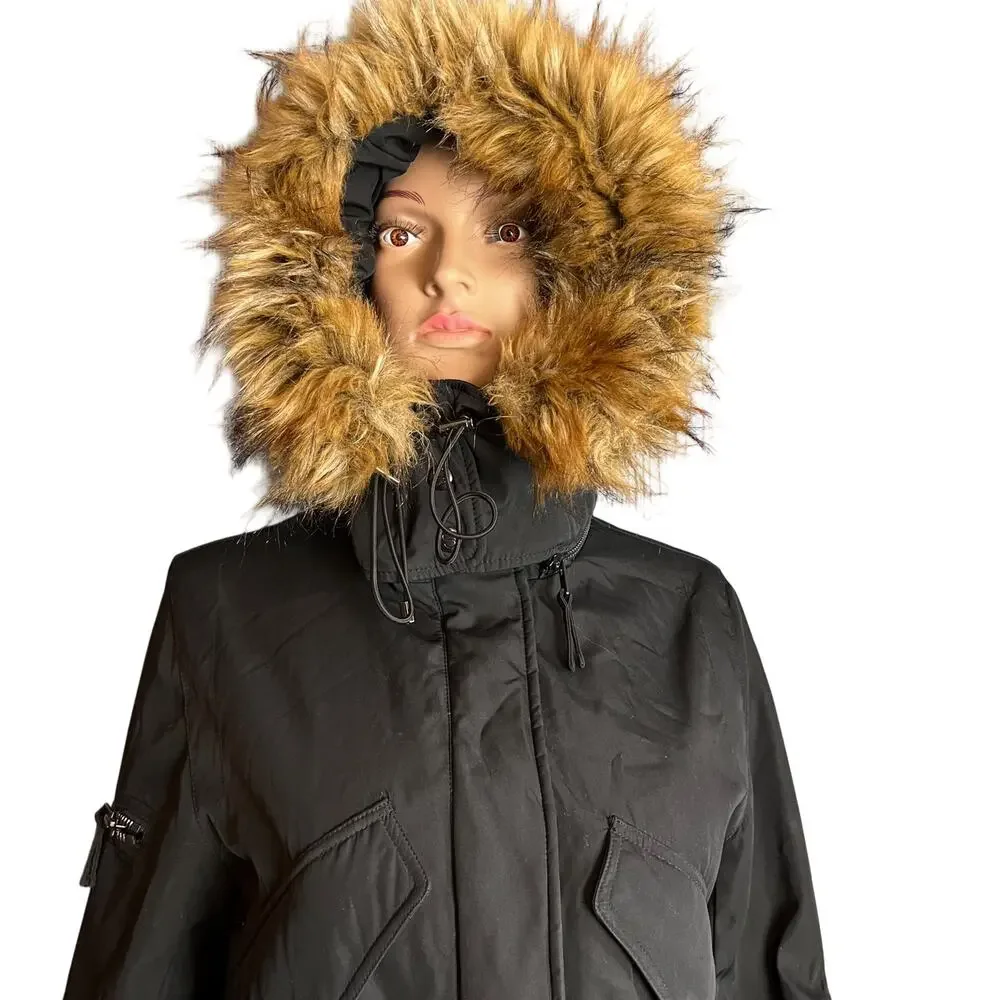 S13 New York Black Faux Fur Trim Hooded Puffer Jacket – Size Medium